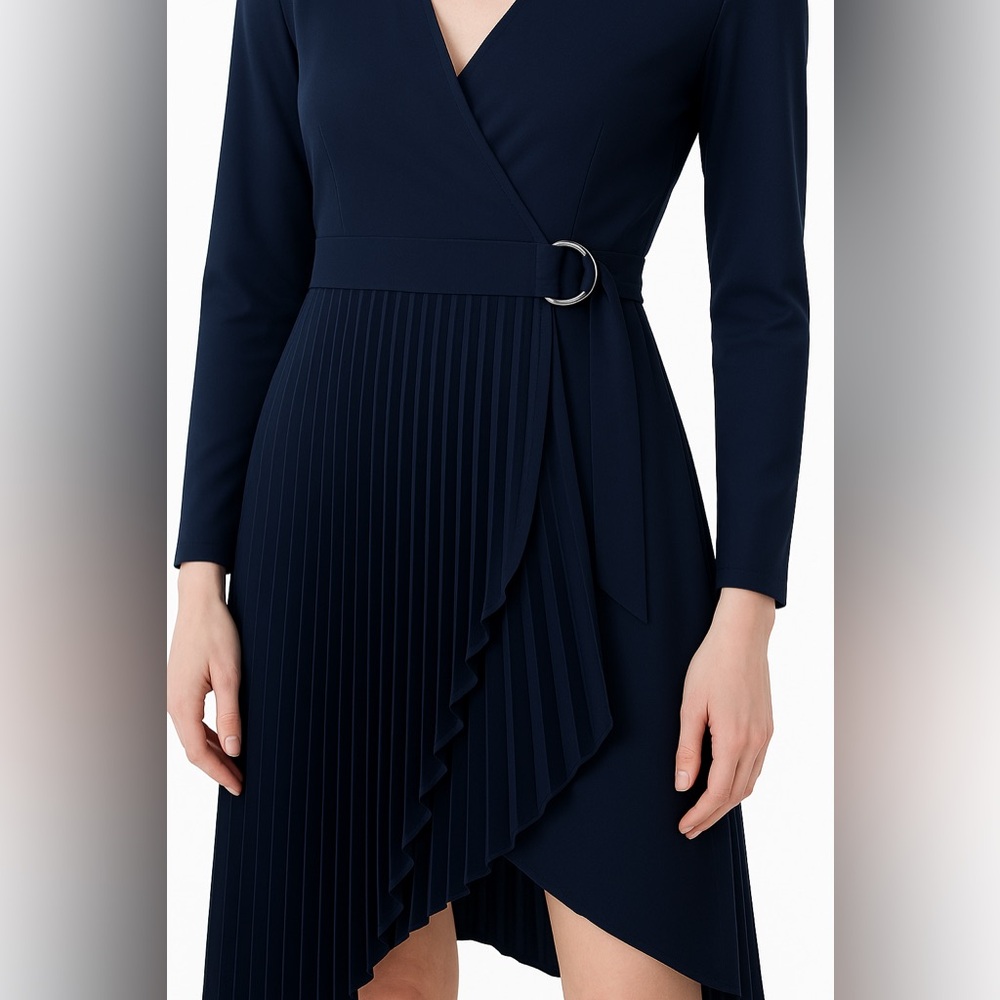 Navy Pleated Asymmetrical Wrap Dress – New With Tags – Size 4
